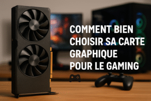 Carte graphique moderne posée sur un bureau, avec un setup gamer lumineux en arrière-plan et le texte « Comment bien choisir sa carte graphique pour le gaming ».