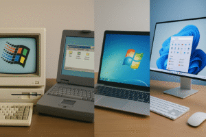 Une image panoramique composée de quatre ordinateurs de bureau placés côte à côte, classés par ordre chronologique. À gauche, un vieux PC beige avec un écran CRT affichant Windows 3.1. Ensuite, un autre modèle CRT montrant Windows 95. Plus à droite, un ordinateur plus moderne avec un écran plat affichant Windows 7. Enfin, à l’extrémité droite, un ordinateur tout-en-un contemporain affichant Windows 11 avec son interface aux angles arrondis et son fond bleu caractéristique.