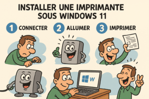 Illustration humoristique en format paysage expliquant comment installer une imprimante sous Windows 11. Un personnage de dessin animé suit les étapes : connecter, allumer, puis imprimer, accompagné d’une imprimante souriante et anthropomorphisée.