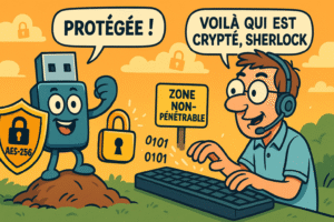 Une clé USB anthropomorphisée avec un bouclier « AES-256 » pose triomphalement face à un technicien informatique qui tape sur un clavier en disant « Voilà qui est crypté, Sherlock ». En arrière-plan, un panneau « Zone non-pénétrable » et des nuages en forme de cadenas, style cartoon coloré et humoristique.