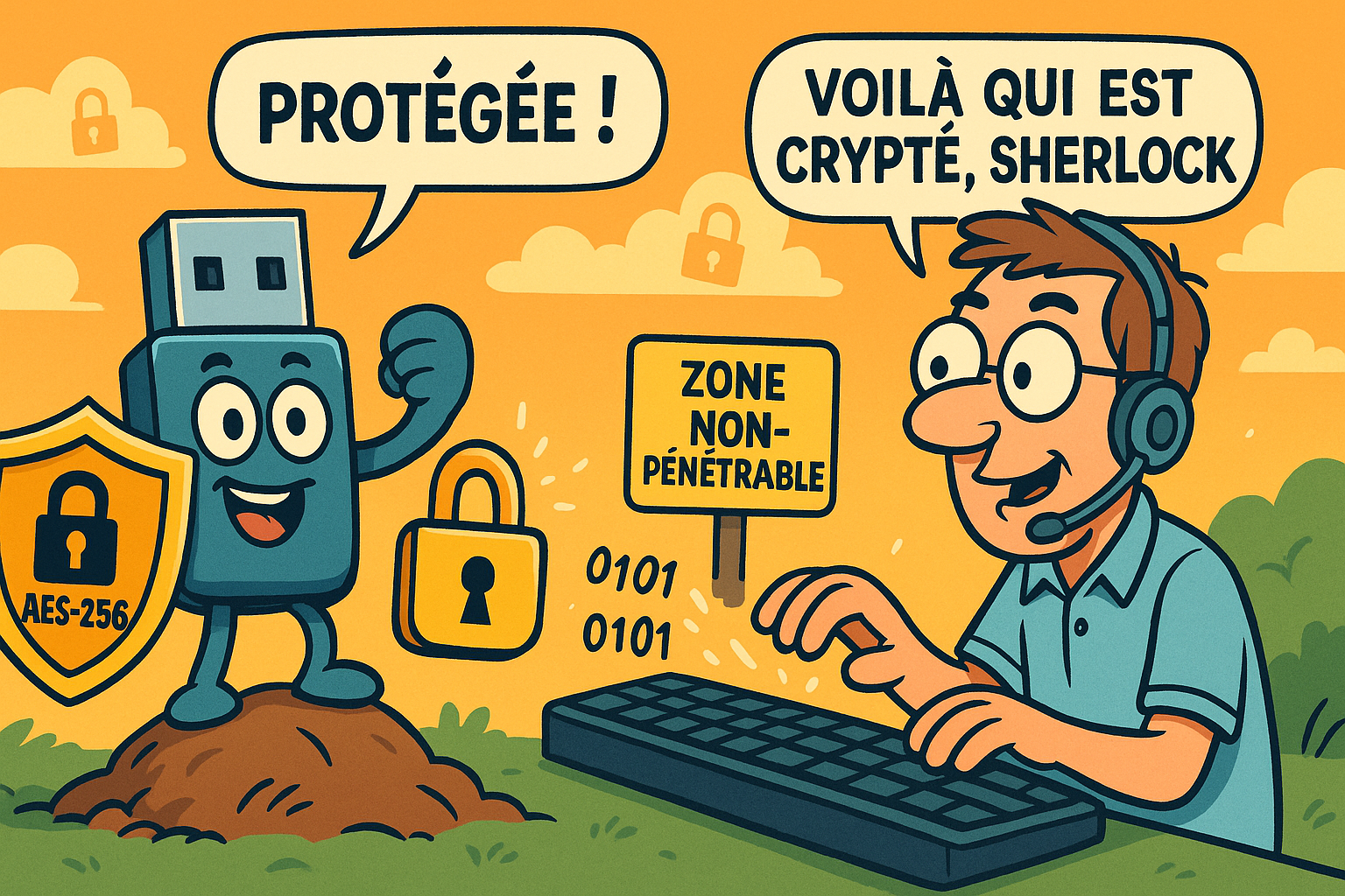 Une clé USB anthropomorphisée avec un bouclier « AES-256 » pose triomphalement face à un technicien informatique qui tape sur un clavier en disant « Voilà qui est crypté, Sherlock ». En arrière-plan, un panneau « Zone non-pénétrable » et des nuages en forme de cadenas, style cartoon coloré et humoristique.
