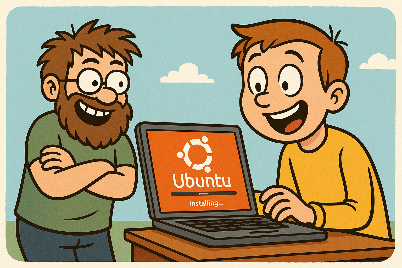 Illustration cartoon d’un homme souriant installant Ubuntu sur son ordinateur portable, tandis qu’un geek barbu le regarde avec un sourire fièrement perplexe.