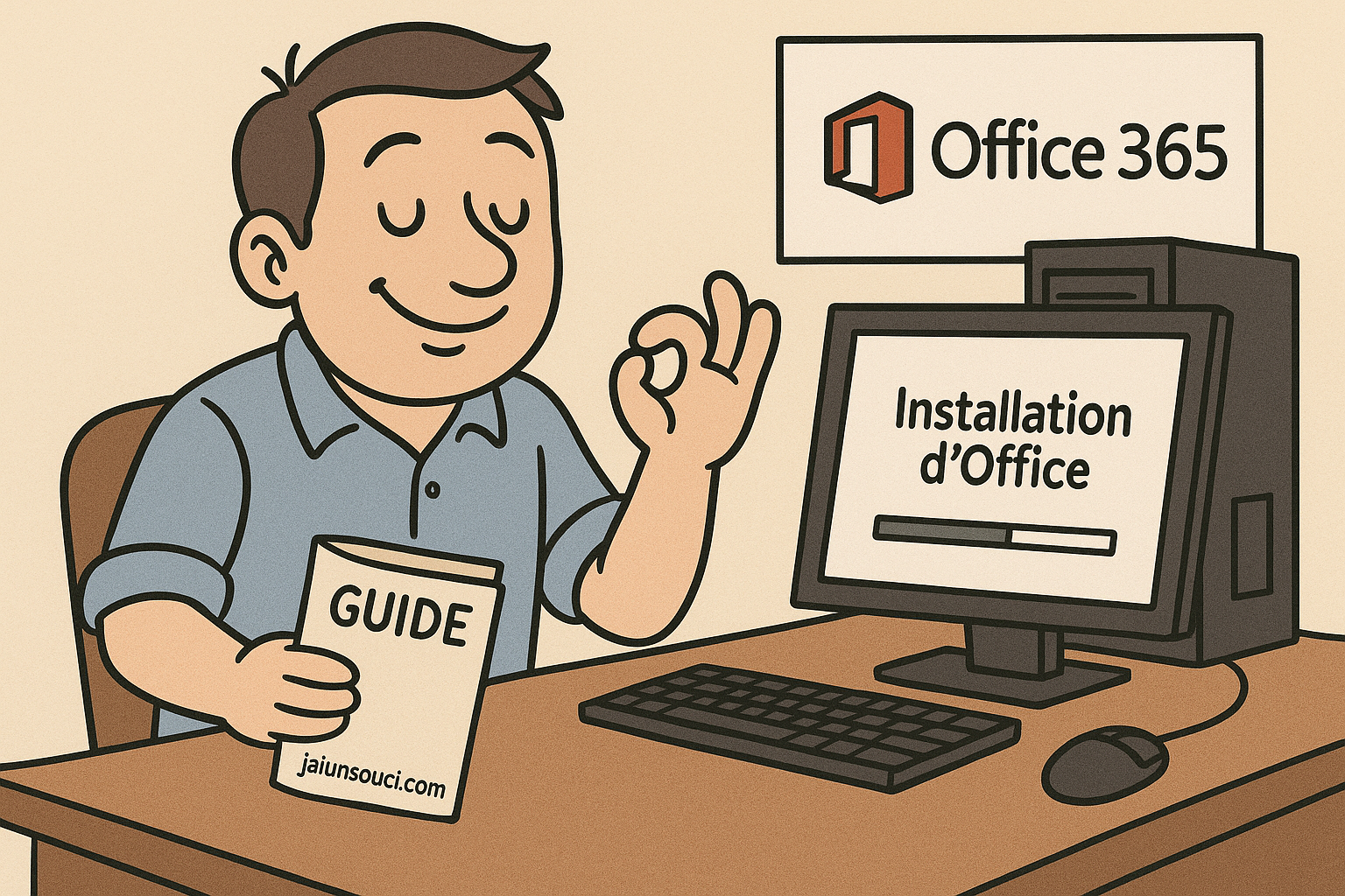 Personne souriante assise devant un ordinateur pendant l’installation de Office 365, tenant un guide marqué "jaiunsouci.com" et faisant un signe “OK”, dans un style bande dessinée humoristique.