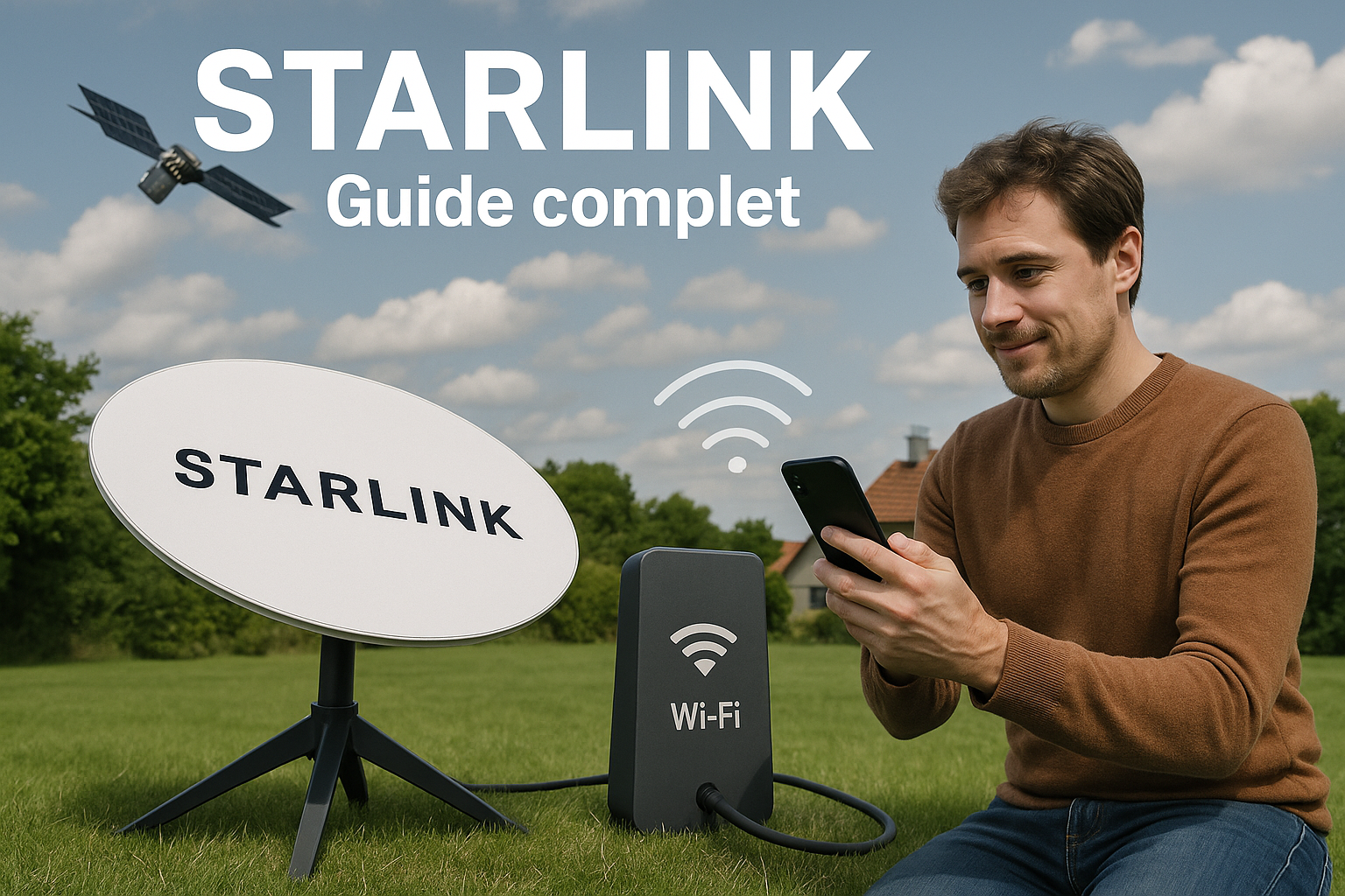 "Un homme assis sur une pelouse utilise son smartphone à côté d’une antenne Starlink et d’un routeur Wi-Fi, avec un satellite visible dans le ciel."