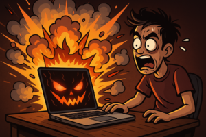 Illustration cartoon d’un Mac possédé qui explose avec une énergie démoniaque, fumée, éclairs et effets humoristiques.