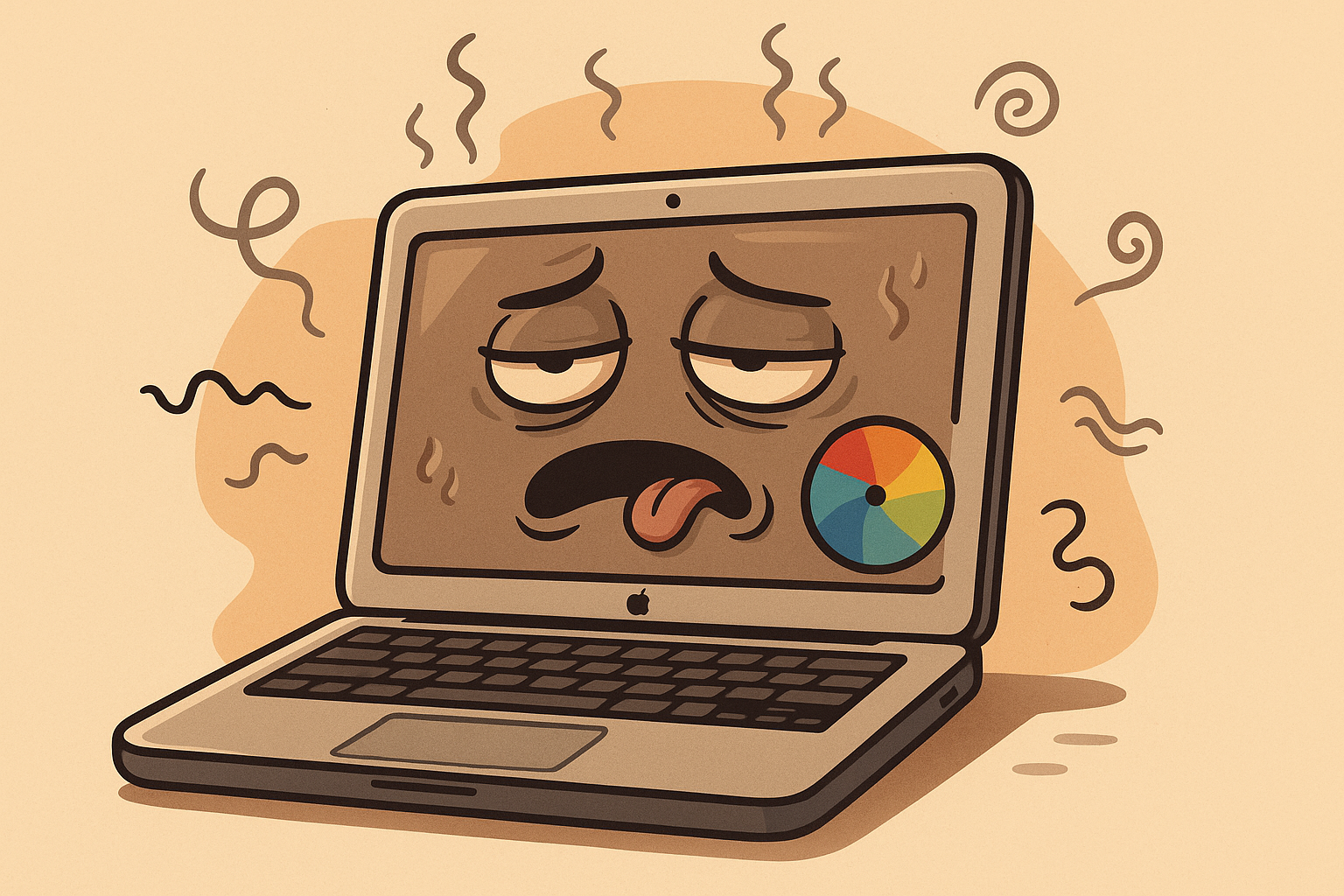 Illustration cartoon d’un Mac très lent et surchargé, affichant une expression fatiguée et dépassée pour symboliser un ordinateur Apple qui rame.