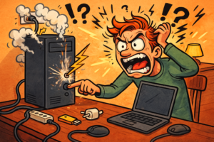 Illustration cartoon d’un homme exaspéré devant une tour d’ordinateur qui fume et fait des étincelles, symbolisant une panne informatique sérieuse.