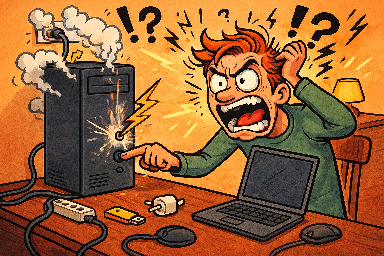 Illustration cartoon d’un homme exaspéré devant une tour d’ordinateur qui fume et fait des étincelles, symbolisant une panne informatique sérieuse.