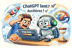 Illustration humoristique montrant un utilisateur frustré devant un ordinateur lent avec ChatGPT, symbolisant les problèmes de performance sur Windows et navigateur web.