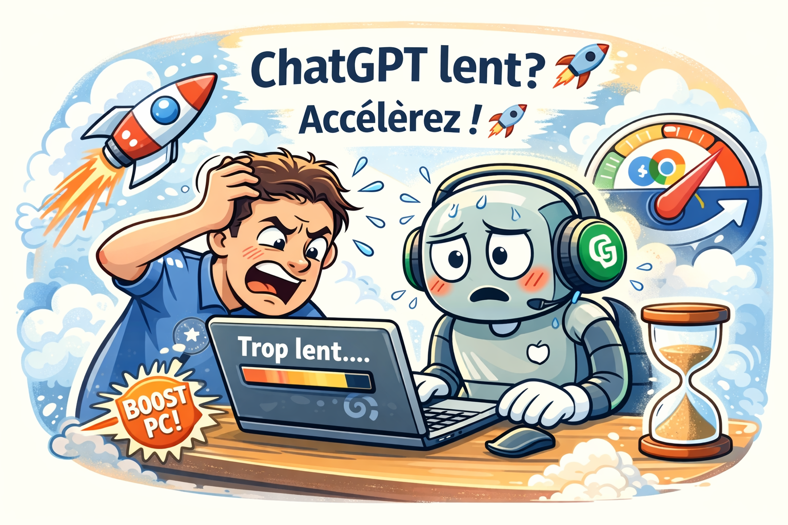 Illustration humoristique montrant un utilisateur frustré devant un ordinateur lent avec ChatGPT, symbolisant les problèmes de performance sur Windows et navigateur web.
