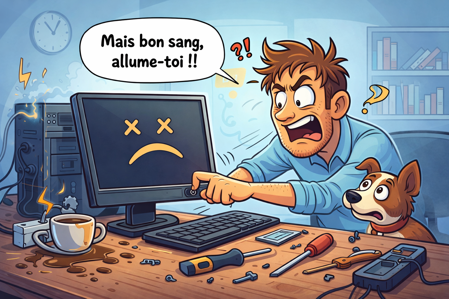 Illustration cartoon d’un homme appuyant sur le bouton d’un ordinateur qui ne s’allume pas, écran triste et chien surpris, scène humoristique de panne informatique