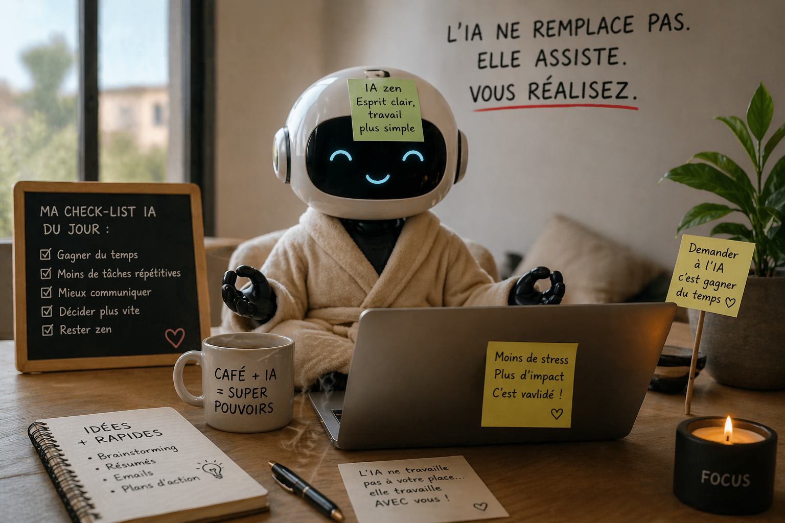 Robot IA détendu en position zen devant un ordinateur illustrant l’utilisation simple de l’intelligence artificielle au travail