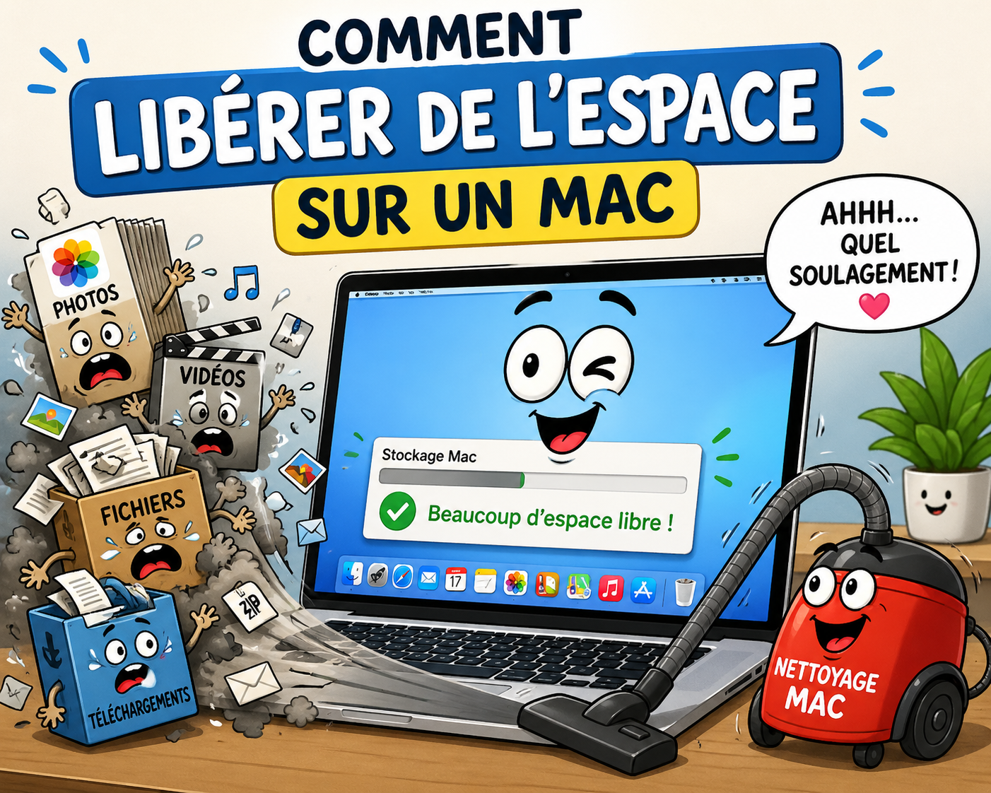 Illustration cartoon d’un Mac en train d’être nettoyé avec un aspirateur, entouré de fichiers, photos et vidéos supprimés pour libérer de l’espace de stockage