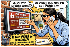 Femme paniquée devant un ordinateur affichant un message de rançongiciel demandant un paiement en Bitcoin pour débloquer les fichiers