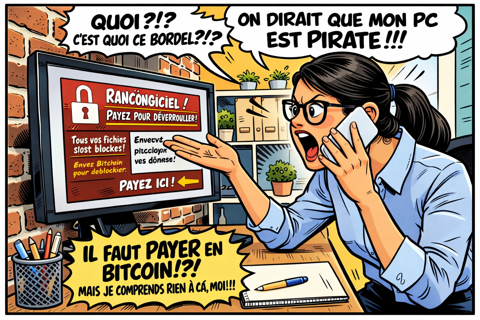 Femme paniquée devant un ordinateur affichant un message de rançongiciel demandant un paiement en Bitcoin pour débloquer les fichiers