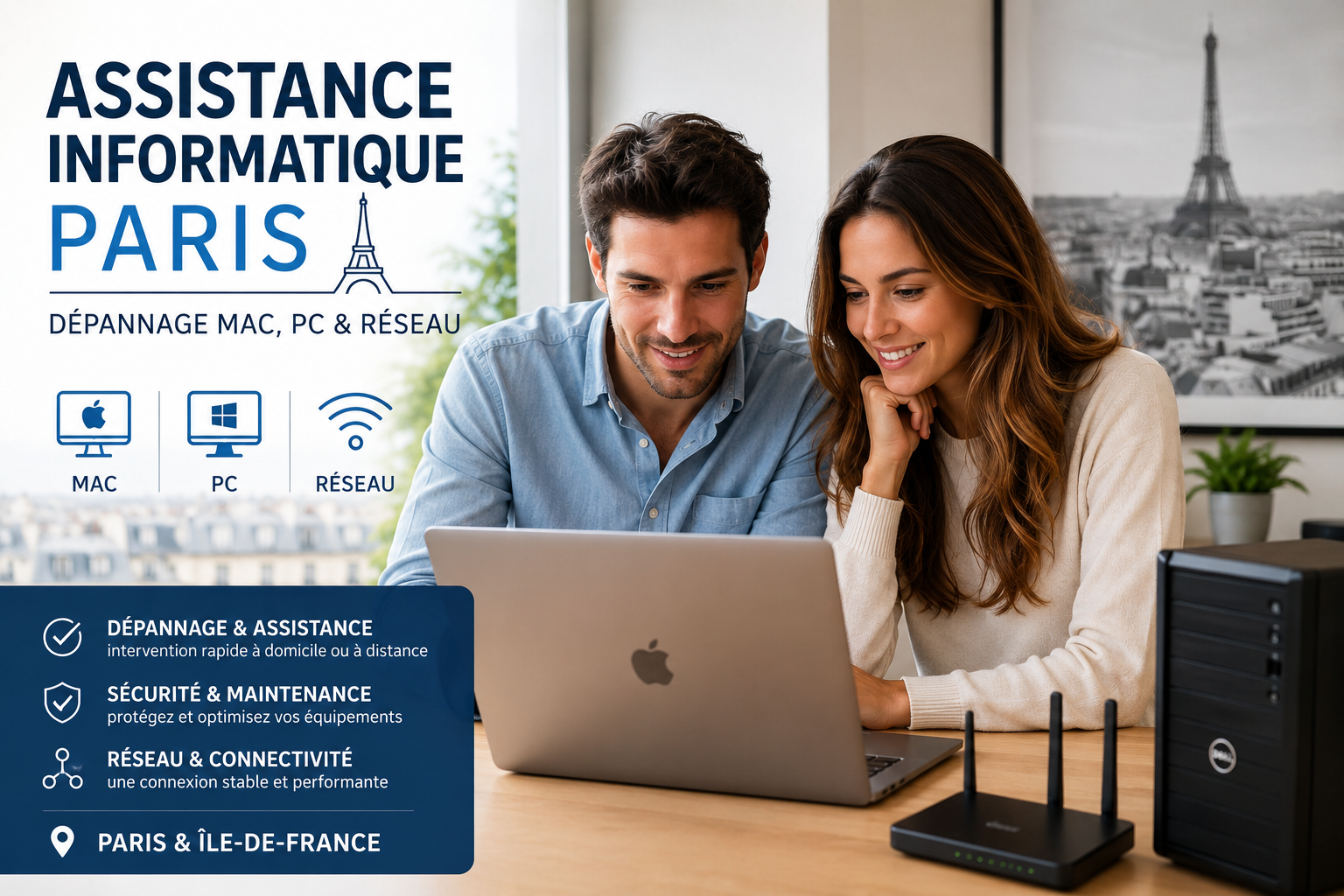 Couple professionnel utilisant un ordinateur portable avec assistance informatique à Paris – dépannage Mac, PC et réseau à domicile