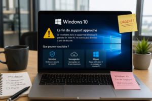 Technicien informatique intervenant sur un ordinateur affichant la fin de Windows 10, migration vers Windows 11 et sécurisation du PC.
