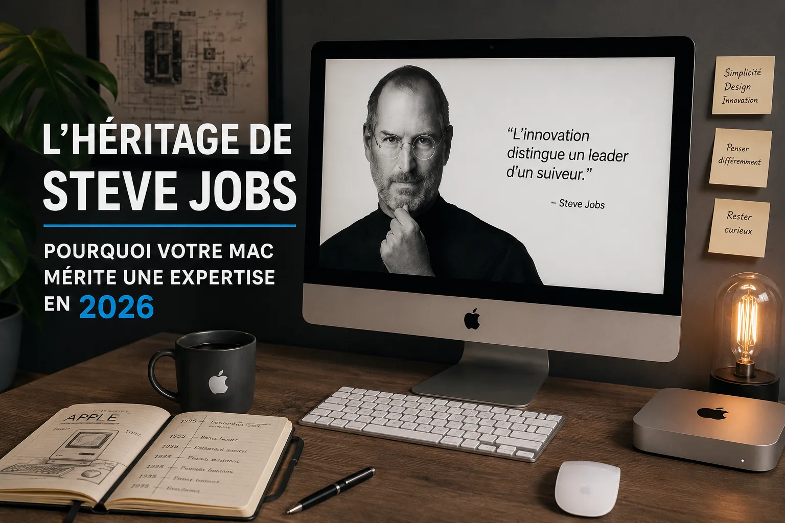Visuel Steve Jobs sur écran iMac avec bureau Apple moderne, citation sur l’innovation et texte “L’héritage de Steve Jobs – Pourquoi votre Mac mérite une expertise en 2026”.