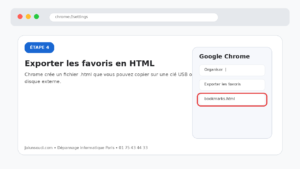 Step 4: Chrome export bookmarks to HTML instructional screen, with a highlighted bookmarks.html field on the right panel.