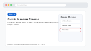 Tutoriel UI montrant l'écran Chrome avec l'étape 1 : ouvrir le menu et cliquer sur Paramètres mis en évidence à droite