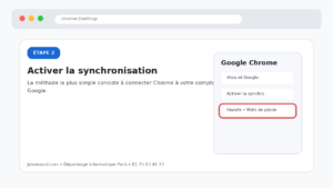 Step 2 of a French setup page: 'Activer la synchronisation' with a Chrome settings panel on the right, highlighting 'Favoris • Mots de passe' button.
