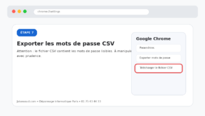 Tutorial screen showing step 7: export passwords to CSV with a highlighted 'Télécharger le fichier CSV' button in the Chrome panel.