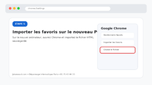 Étape 5 : page d'instructions Chrome avec le bouton « Choisir le fichier » mis en évidence dans le panneau latéral droit.