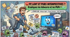 Illustration humoristique style BD d'un technicien informatique nettoyant un PC Windows avec un aspirateur pour supprimer les virus, adwares et fenêtres publicitaires.