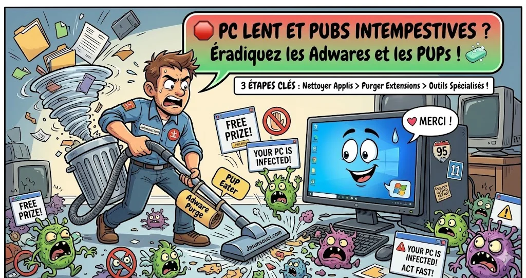 Illustration humoristique style BD d'un technicien informatique nettoyant un PC Windows avec un aspirateur pour supprimer les virus, adwares et fenêtres publicitaires.