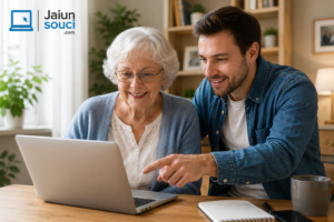 Aide informatique senior à domicile avec assistance personnalisée sur ordinateur portable à Paris