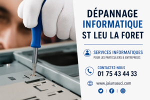Dépannage informatique Saint-Leu-la-Forêt – Technicien réparant un ordinateur pour assistance PC, Mac et réseau à domicile et en entreprise.