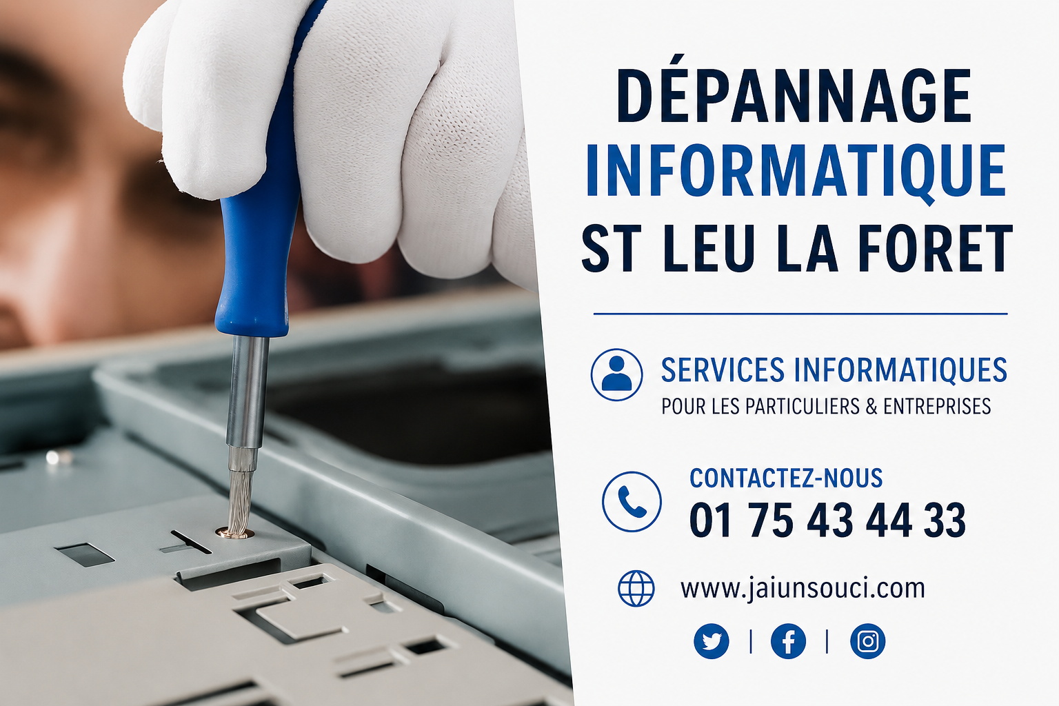 Dépannage informatique Saint-Leu-la-Forêt – Technicien réparant un ordinateur pour assistance PC, Mac et réseau à domicile et en entreprise.