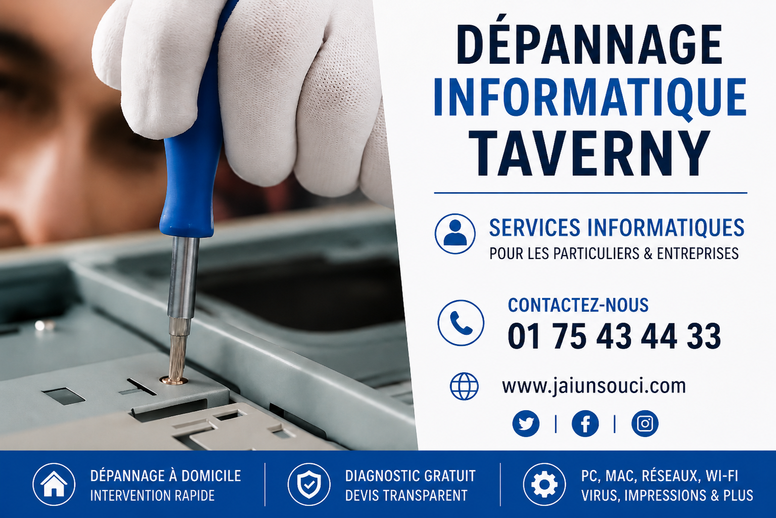 Technicien réalisant un dépannage informatique à Taverny sur un ordinateur PC. Assistance informatique, réparation PC et Mac, Wi-Fi et box Internet.