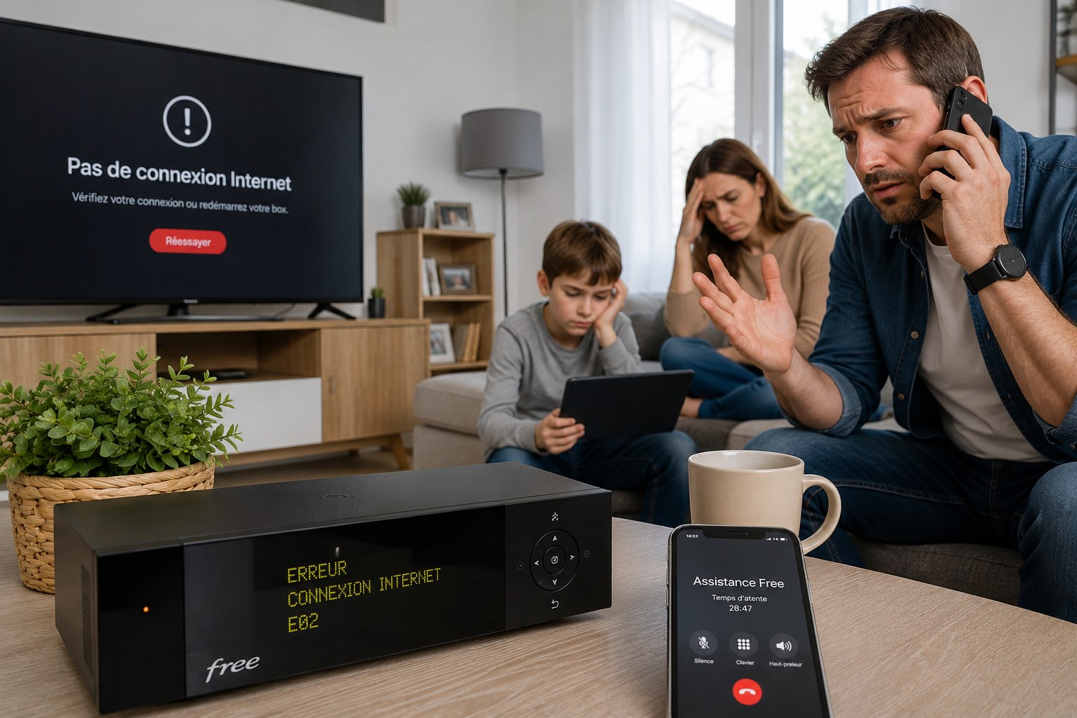 Famille confrontée à une panne Free avec Freebox en erreur, télévision sans connexion Internet et appel à l'assistance technique Free