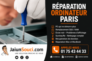 Réparation ordinateur Paris – technicien informatique réparant un PC avec services SSD, RAM, écran noir, MacBook et récupération de données