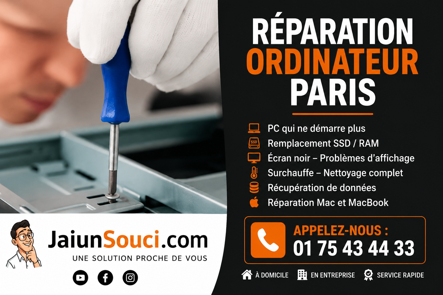 Réparation ordinateur Paris – technicien informatique réparant un PC avec services SSD, RAM, écran noir, MacBook et récupération de données
