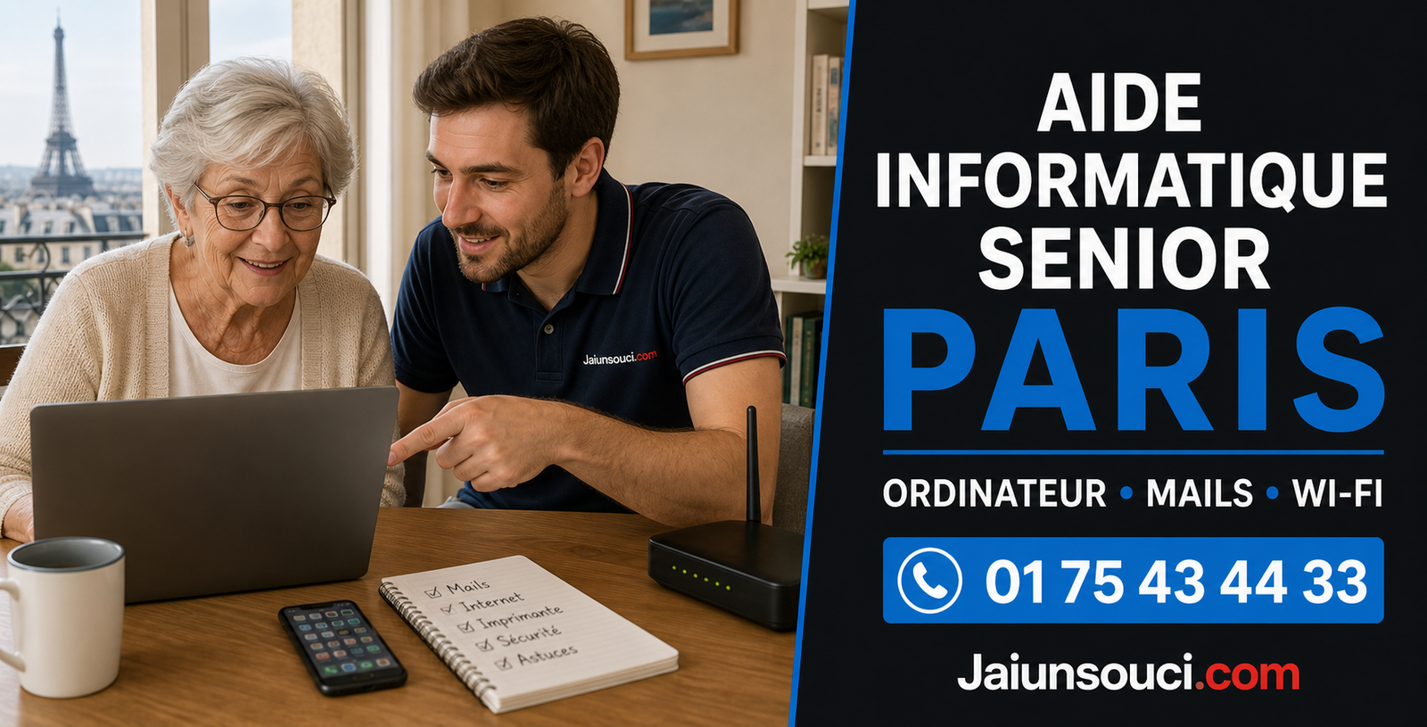 Senior woman learning with a man on a laptop at home; Paris skyline visible through the window.