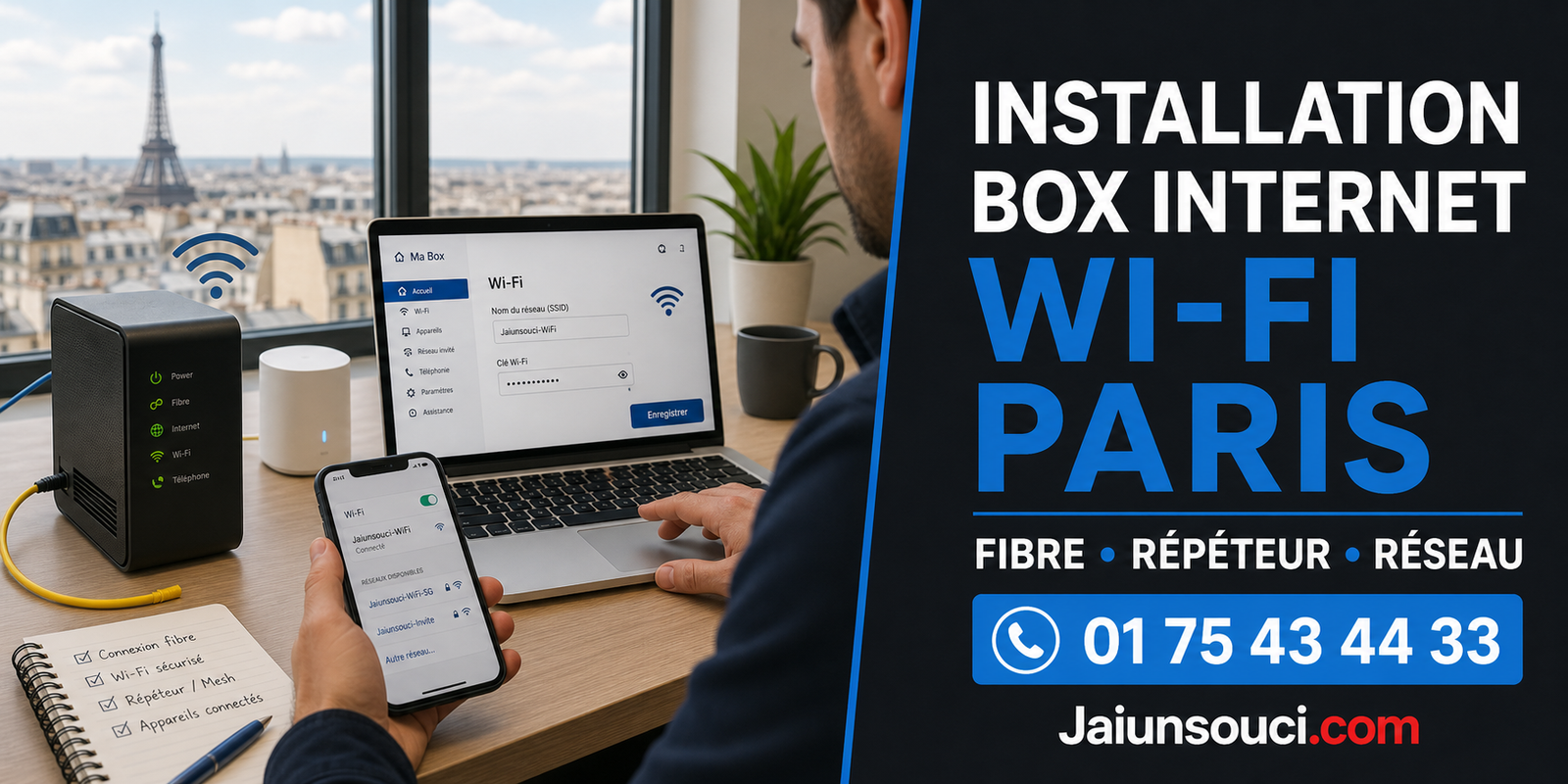 Installation box Internet Wi-Fi Paris avec fibre, répéteur et réseau par Jaiunsouci.com