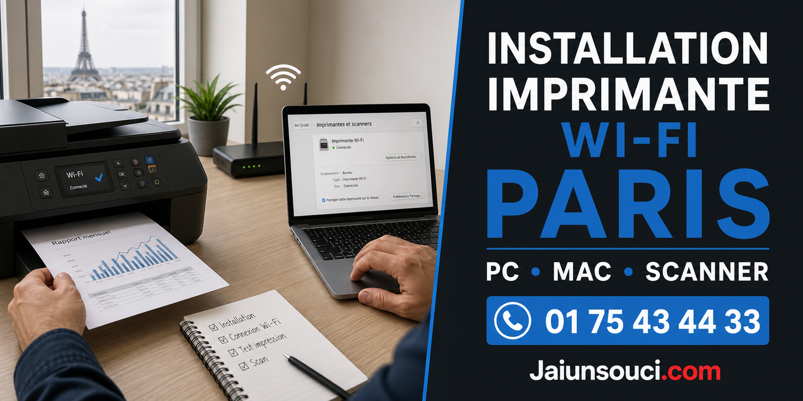 Installation imprimante Wi-Fi Paris sur PC, Mac et scanner par Jaiunsouci.com