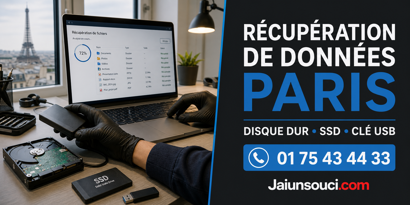 Récupération de données Paris sur disque dur, SSD et clé USB par Jaiunsouci.com