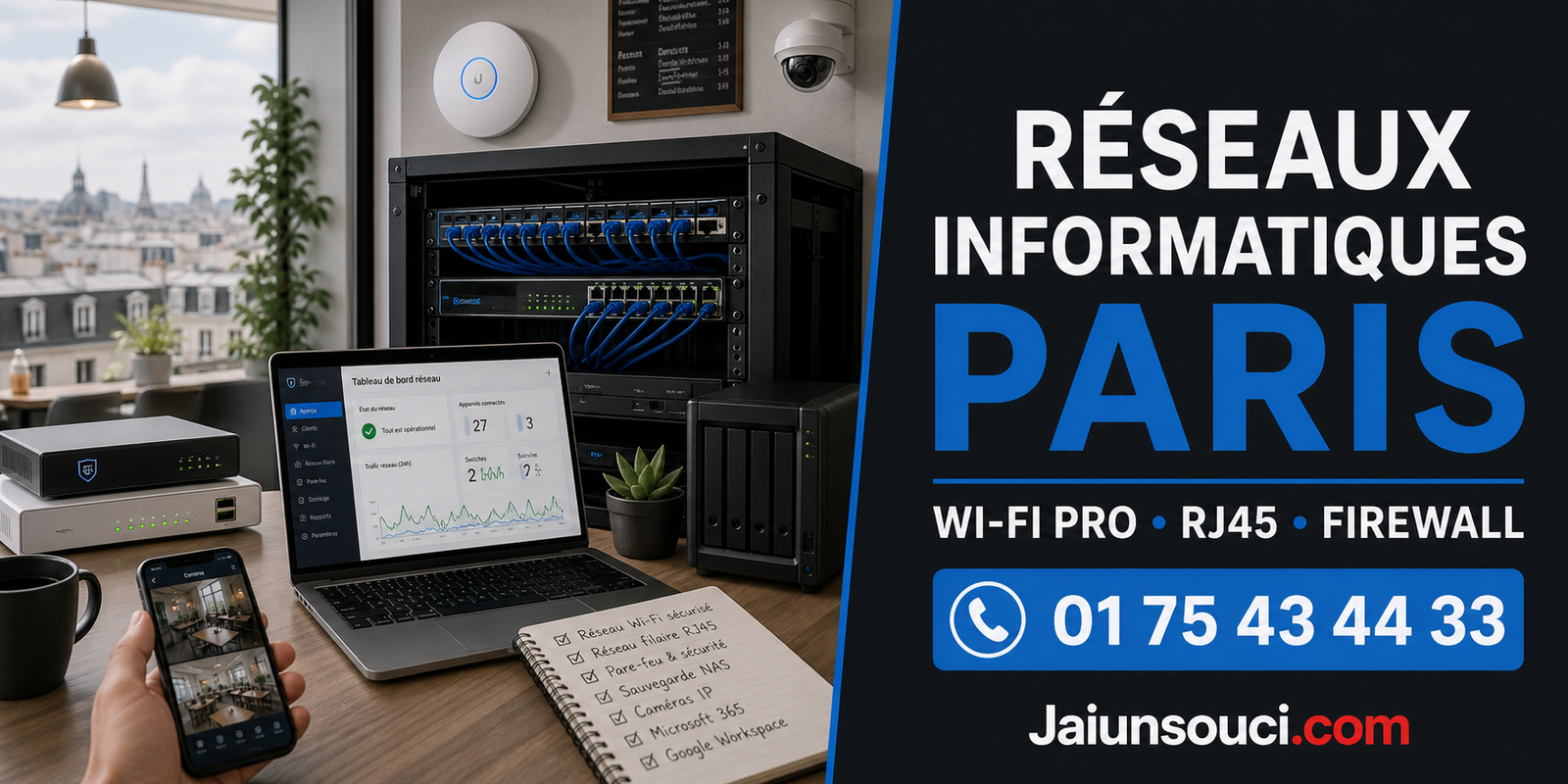 Réseaux informatiques Paris avec Wi-Fi professionnel, RJ45, firewall, NAS et vidéosurveillance