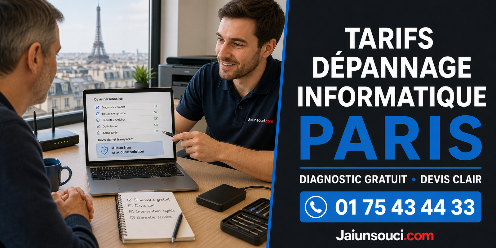 Tarifs dépannage informatique Paris avec diagnostic gratuit et devis clair par Jaiunsouci.com