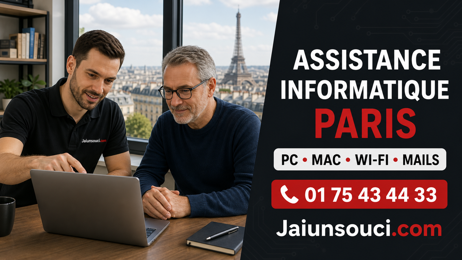 Technicien informatique accompagnant un client sur ordinateur portable pour une assistance informatique à Paris
