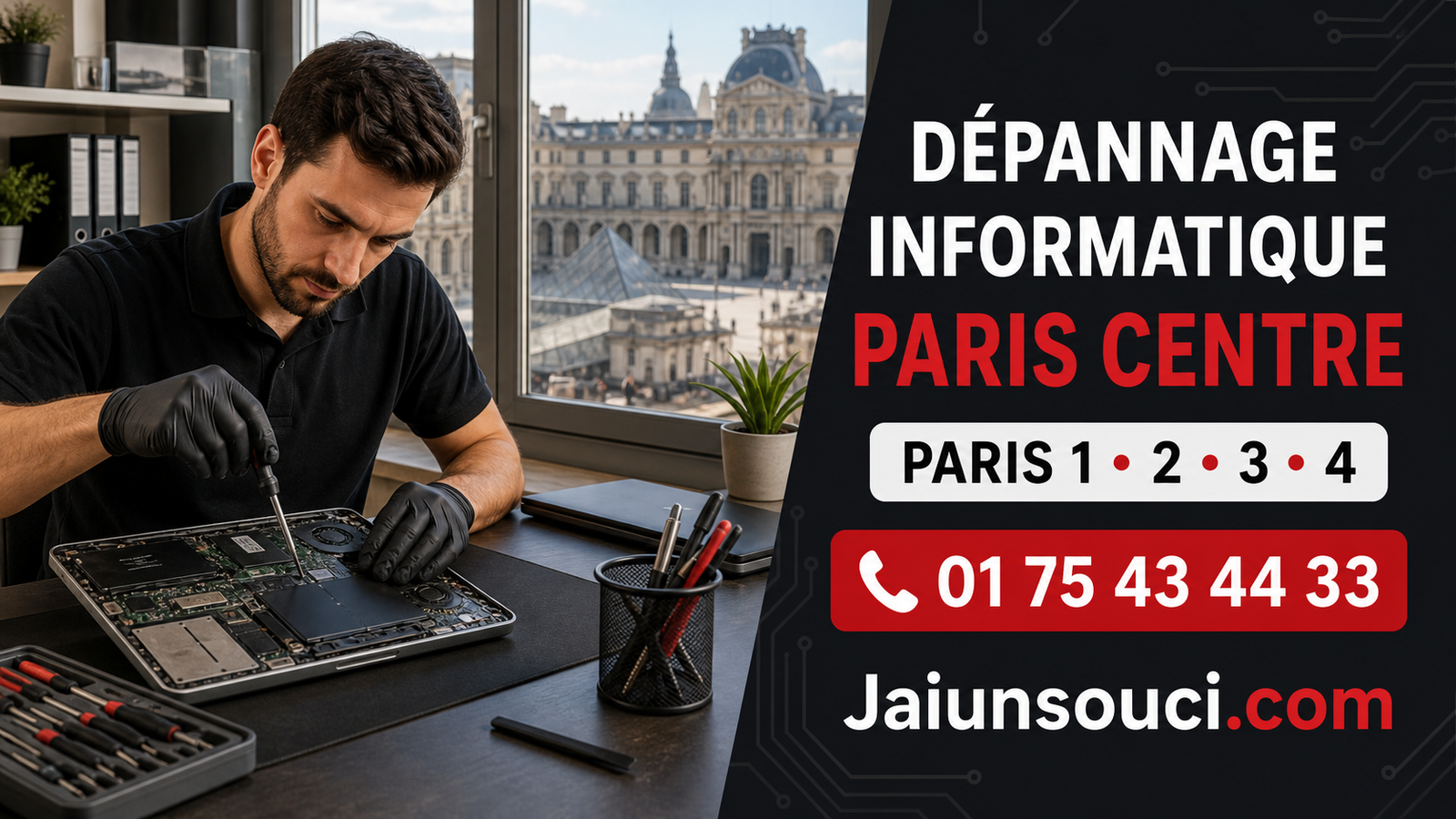 Technicien réparant un ordinateur portable avec vue sur Paris Centre, dépannage informatique Paris 1, 2, 3 et 4