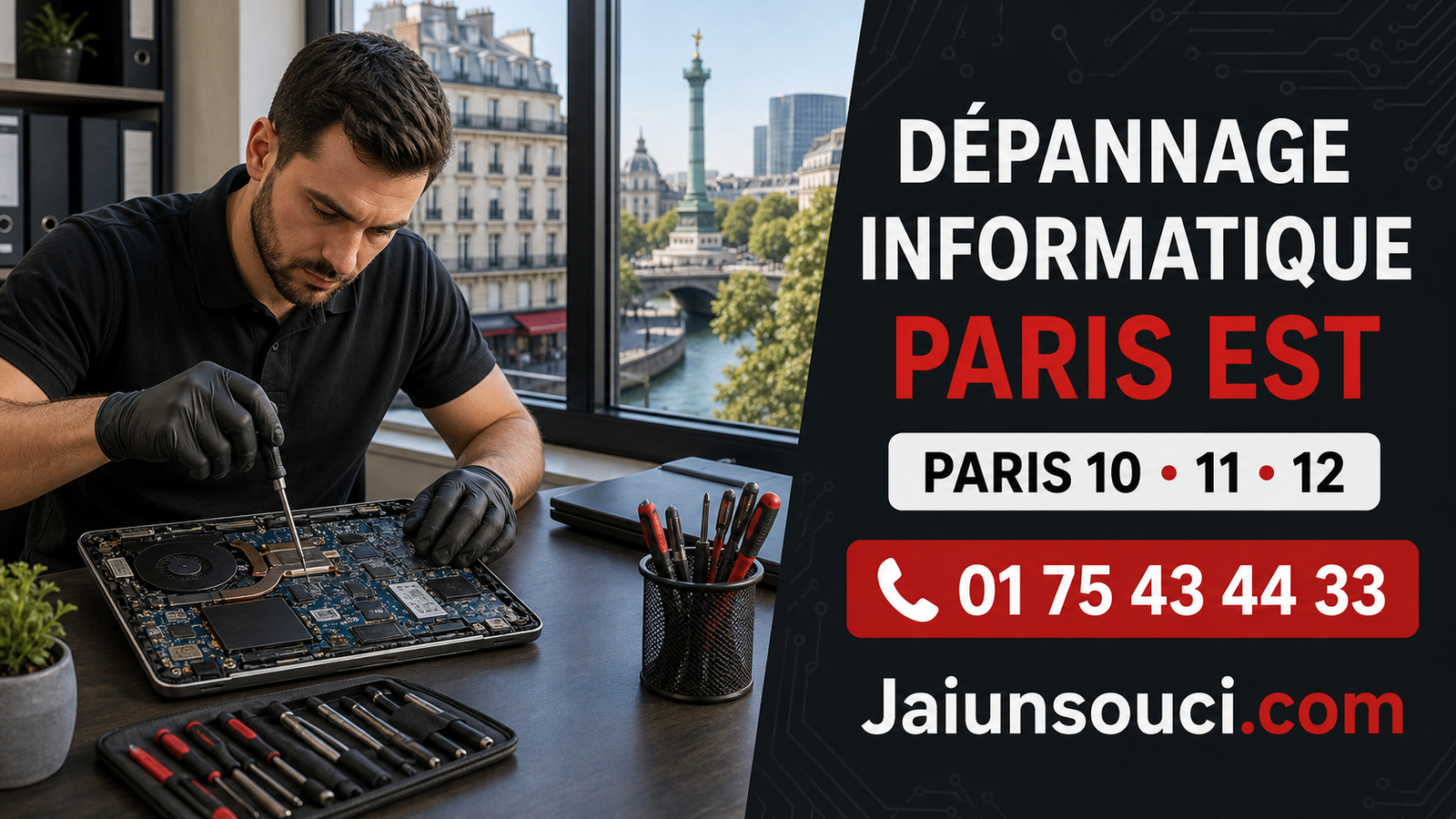 Technicien réparant un ordinateur portable avec vue sur Paris Est, dépannage informatique Paris 10, 11 et 12