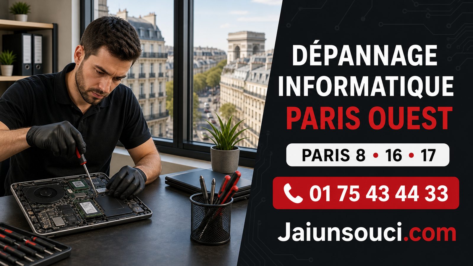Technicien réparant un ordinateur portable avec vue sur Paris Ouest, dépannage informatique Paris 8, 16 et 17