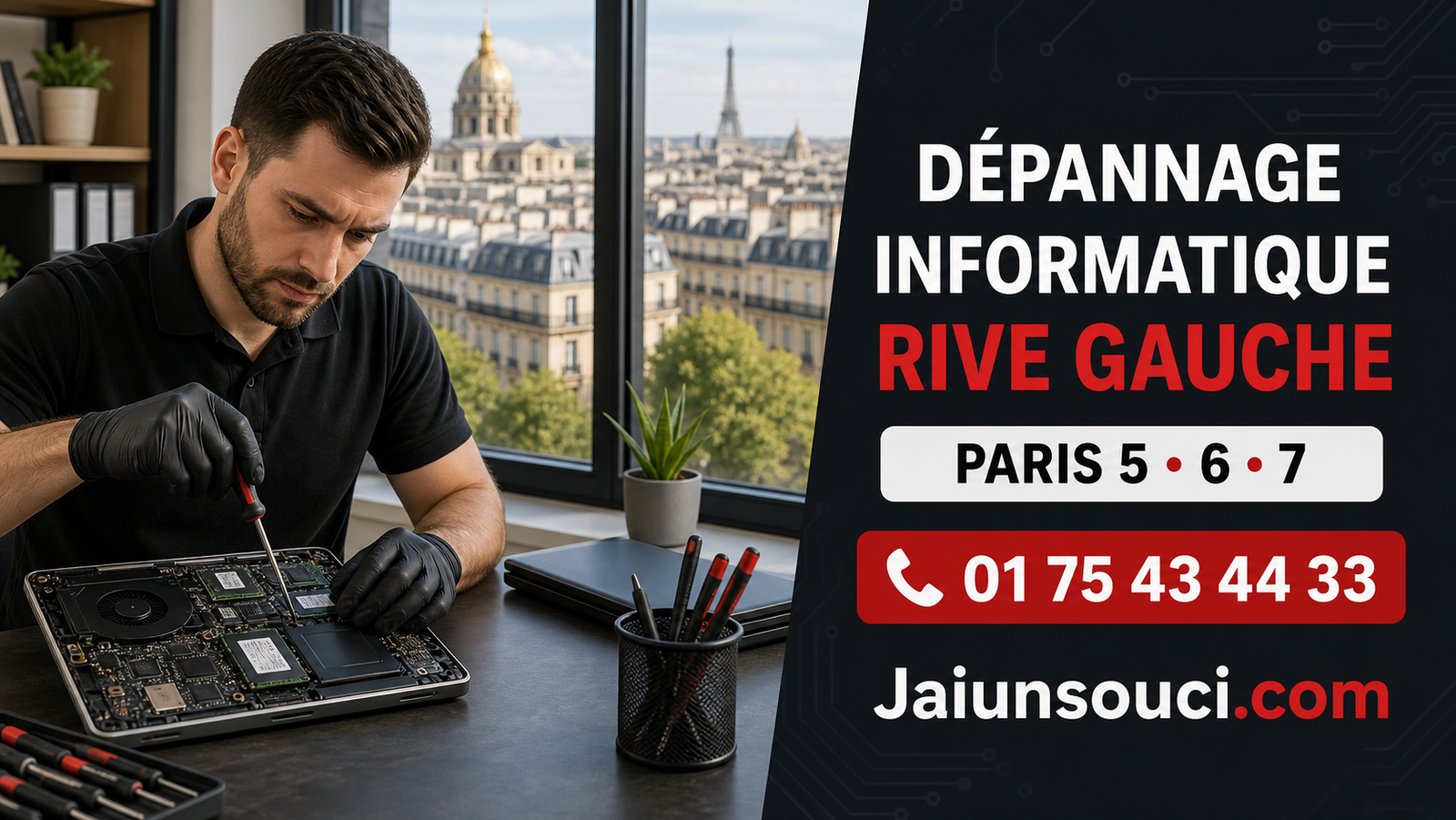 Technicien réparant un ordinateur portable avec vue sur la Rive Gauche, dépannage informatique Paris 5, 6 et 7
