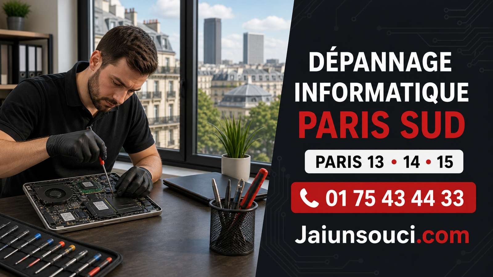 Technicien réparant un ordinateur portable avec vue sur Paris Sud, dépannage informatique Paris 13, 14 et 15