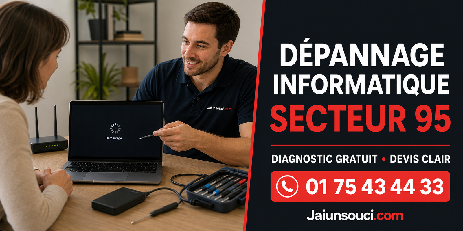 Tech support shows a laptop screen to a client at a desk; a bold French repair-services banner fills the right half.