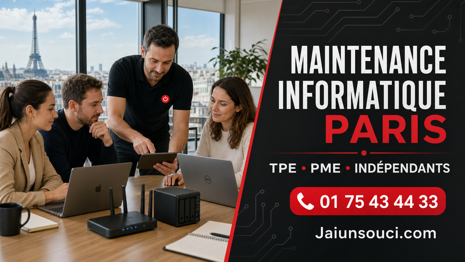 Technicien informatique accompagnant une équipe en entreprise pour une maintenance informatique à Paris
